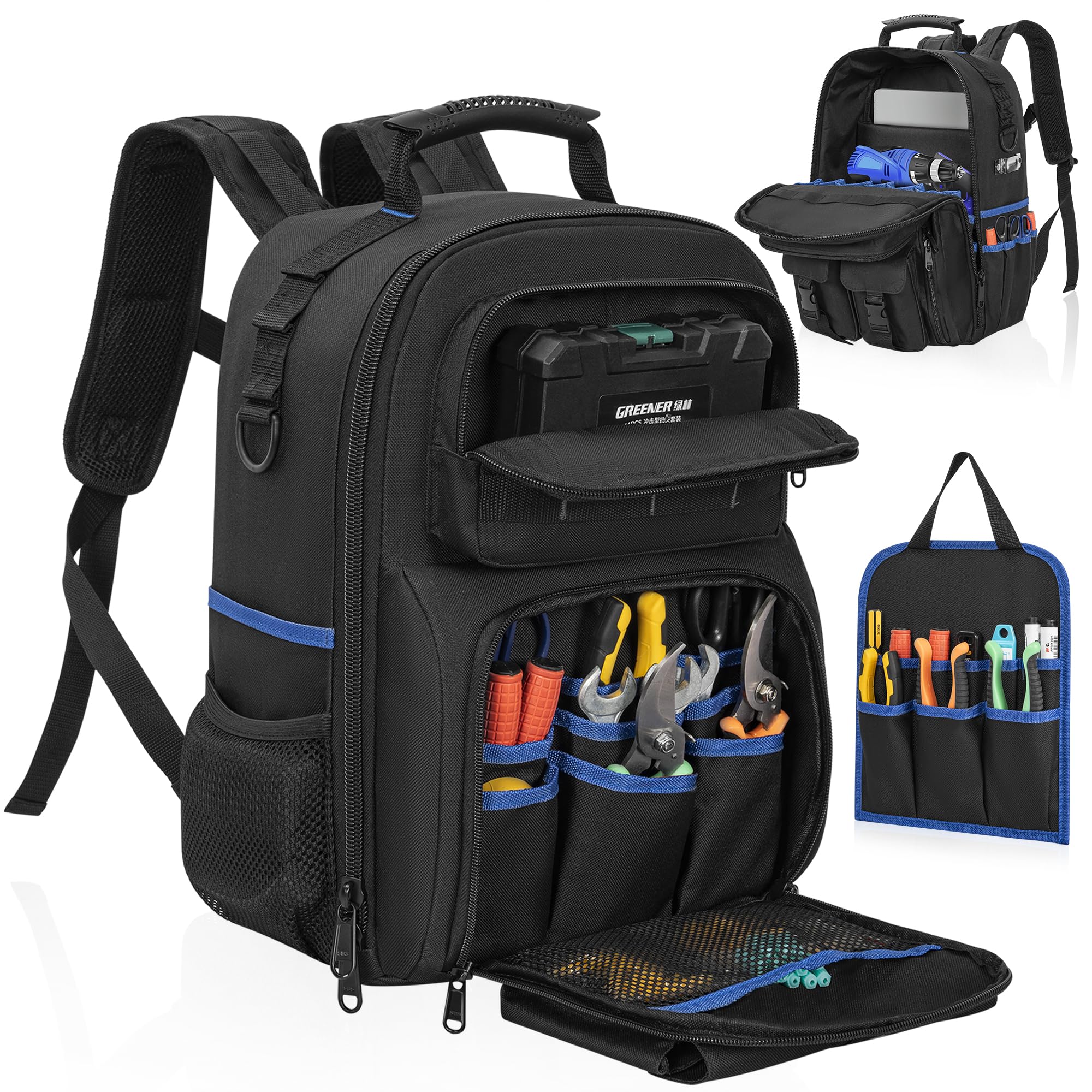AKOZLIN borsa per utensili resistente con spalle imbottite | Organizzatore di utensili amovibile,Zaino da lavoro impermeabile,Per elettricisti,Per serratori,Blu