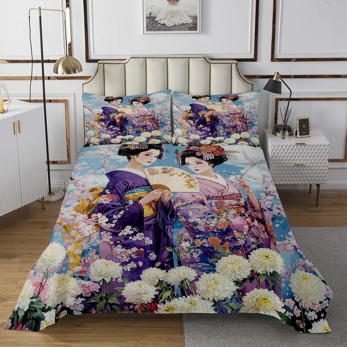 Erosebridal Japanese Geisha Bedspread Set Queen Size,Tokyo Ukiyoe Quilt Sets,3 Piece Romantic Floral Print Quilts，Japenese Traditional Wafuku Style Coverlet Set with 2 Pillowcases