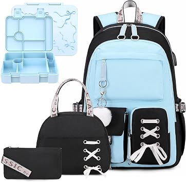 ACESAK 4PCS Teen Girls Backpack with 43OZ Bento Lunch Box Set,Black Blue