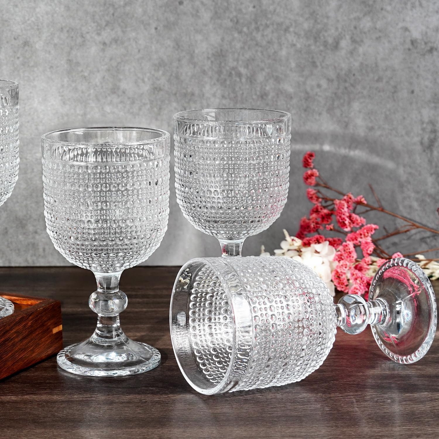 12 oz Clear Vintage Wine Glasses,Hobnail Drinking Glasses Set of 4,Embossed Goblet Glasses for Wedding,Party, Dinner,Bar - Image 3