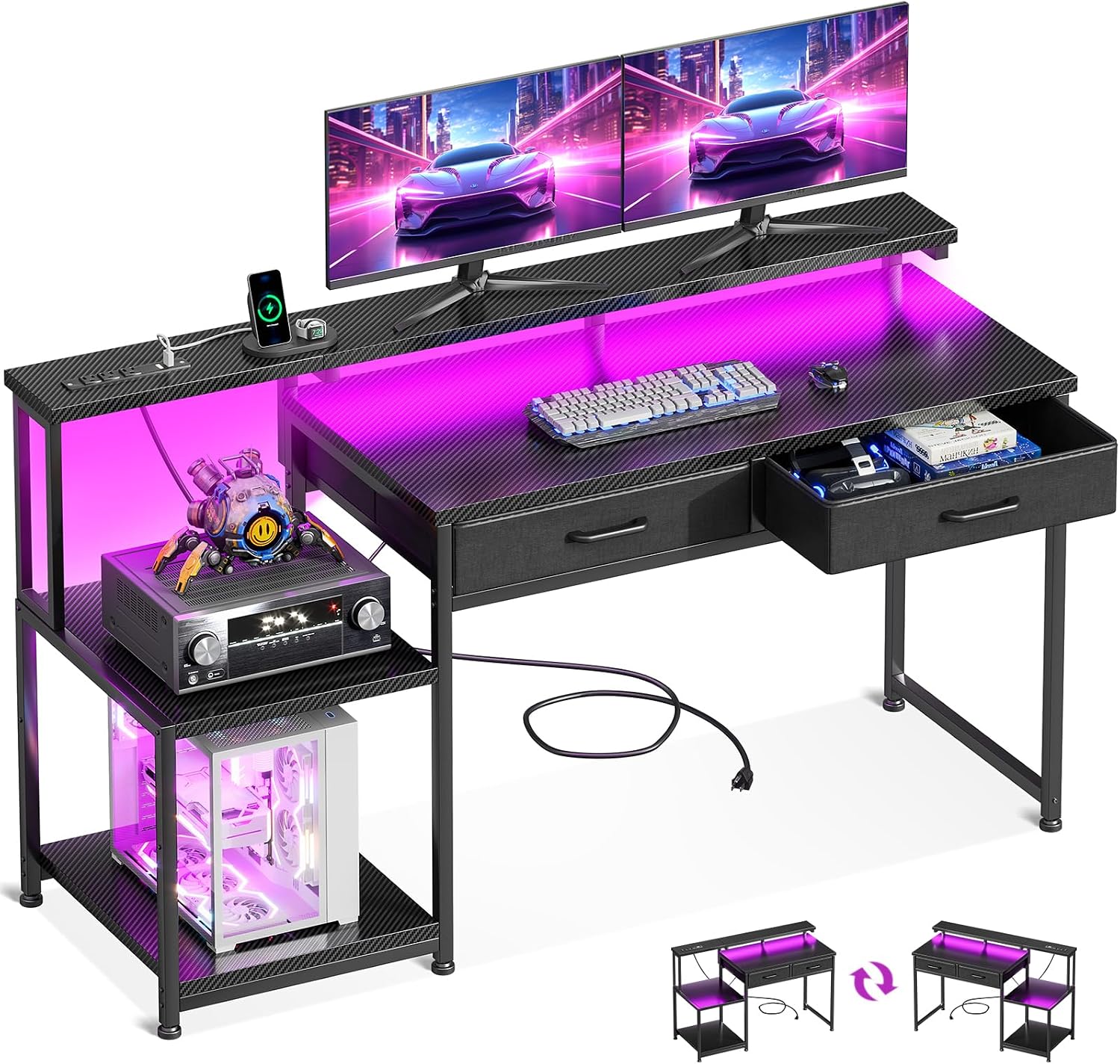 ODK 55-Inch Gaming Desk with LED Lights and Power Outlet