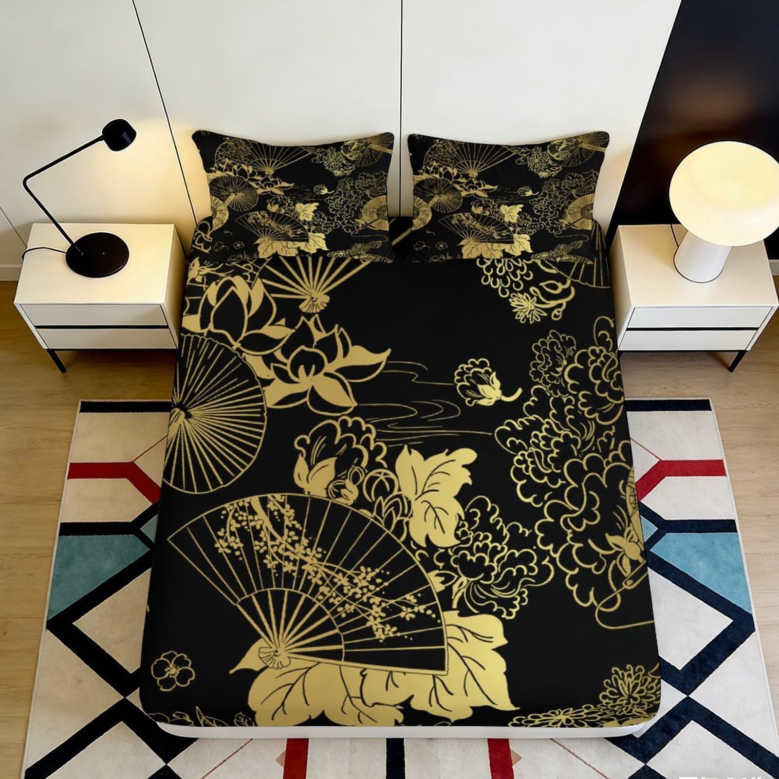 Uynsixtme Style-4 3D Printed Japanese Fan Fitted Sheet Microfiber Deep Pocket Non-Slip Bedroom Bedding Fan Pattern Mattress Fitted Cover Washable 200X200x25cm