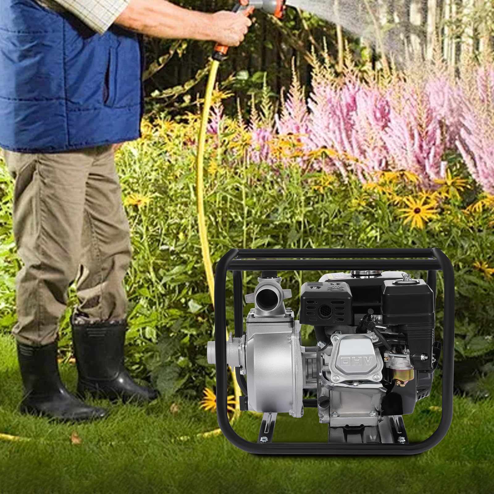 Pompa dell'acqua a benzina a 4 tempi, 6,5 CV, pompa da giardino, per acqua sporca, altezza di portata: 28 m, volume di erogazione 36 m³/h, per irrigazione, paesaggistica