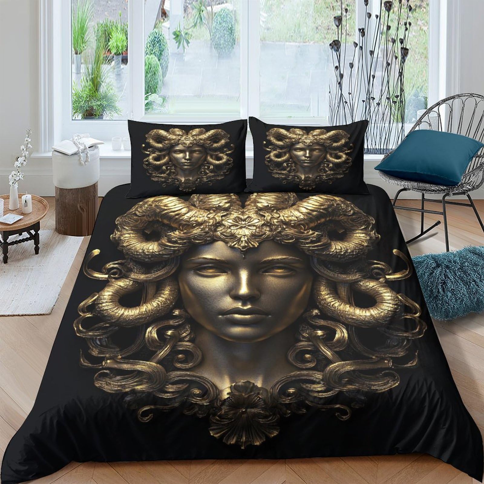Ctjqhvkz Style-10 3D Printed Baroque Gold Skull Fitted Sheet Microfiber Black Gothic Snake Mattress Cover For Bedroom Decor Single（135X200cm）