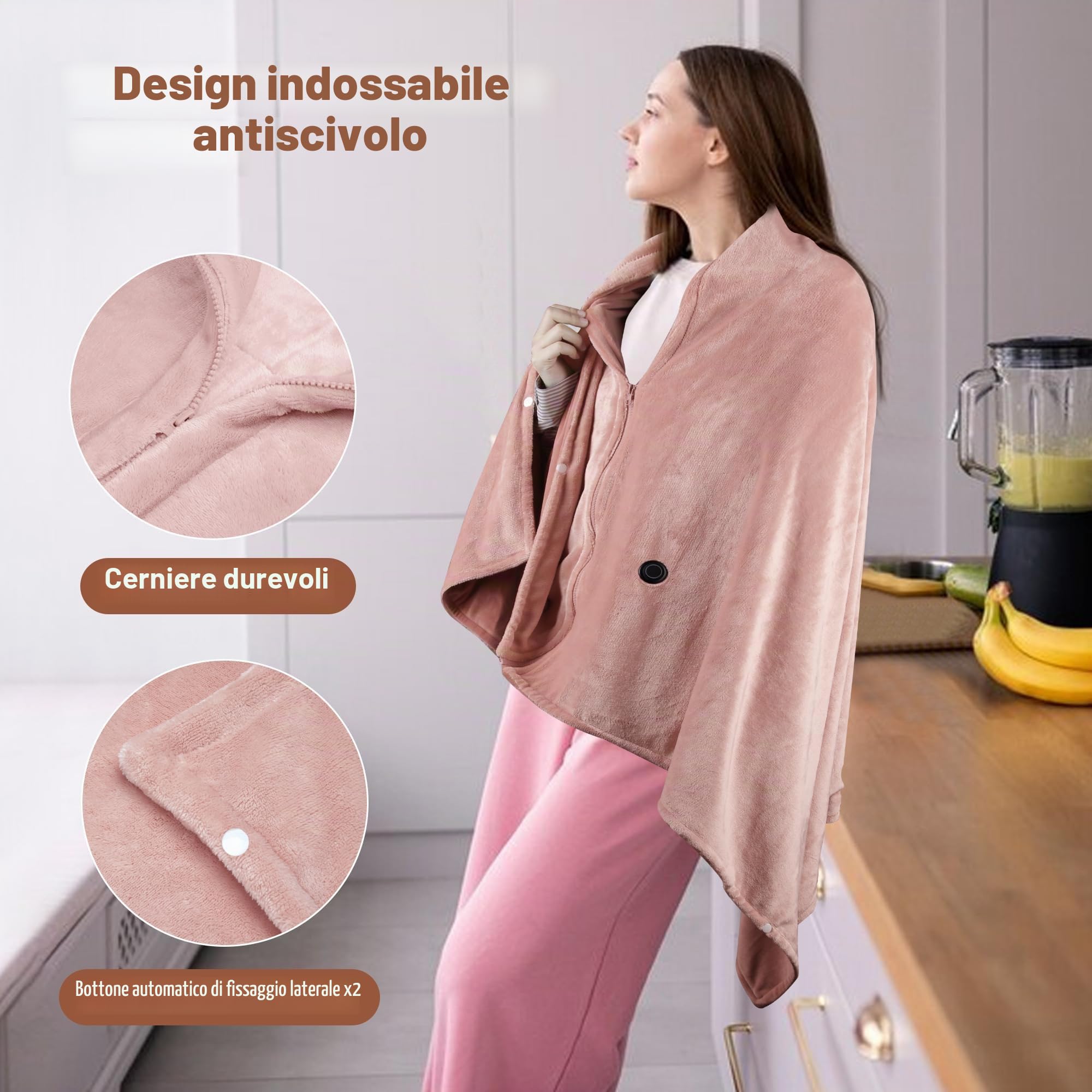 Coperta Riscaldante Elettrica Senza Fili 160x90 cm, con Batteria 10000 mAh, 6 Zone di Riscaldamento, 3 Livelli di Temperatura, Plaid Termico USB per Casa, Ufficio, Auto, Campeggio(Rosa)