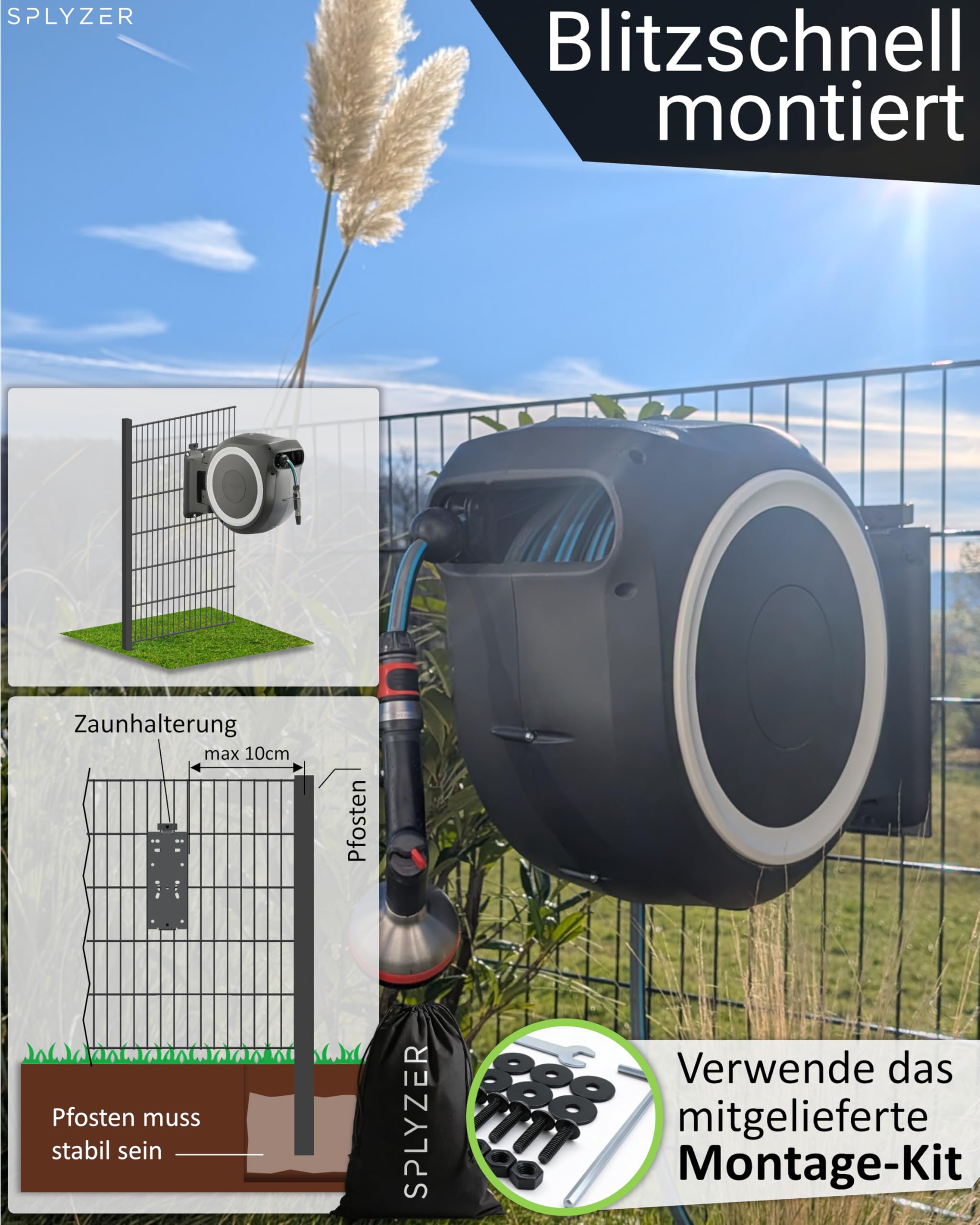 Schlauchbox Halterung für Doppelstabmattenzaun – universal Kompatibel mit Schlauchboxen & Schlauchtrommeln – Halter zur Zaunmontage, witterungsbeständig & pulverbeschichtet Anthrazit – SPLYZER®