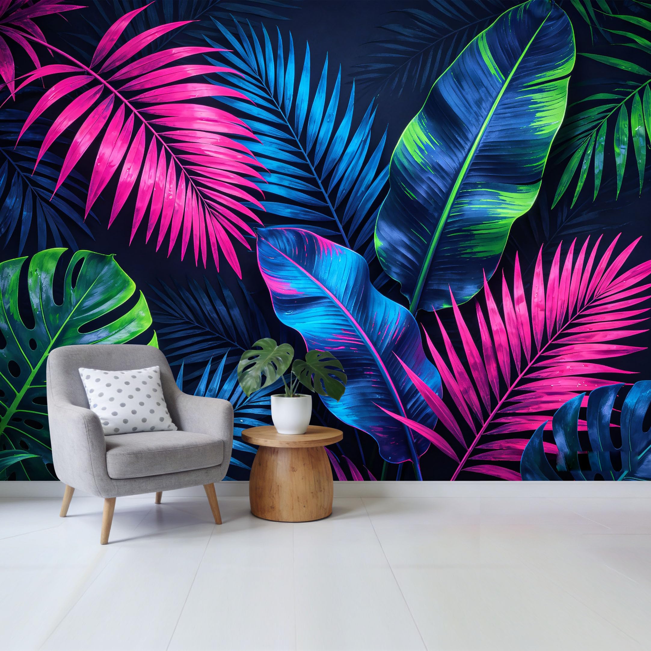 Qzlithotic Yq2605250161 Custom Size Wall Mural Neon Tropical Palm Leaves Botanical Abstract Art Selfadhesive Wall Fabric Removable Wallpaper For Home Office Decor