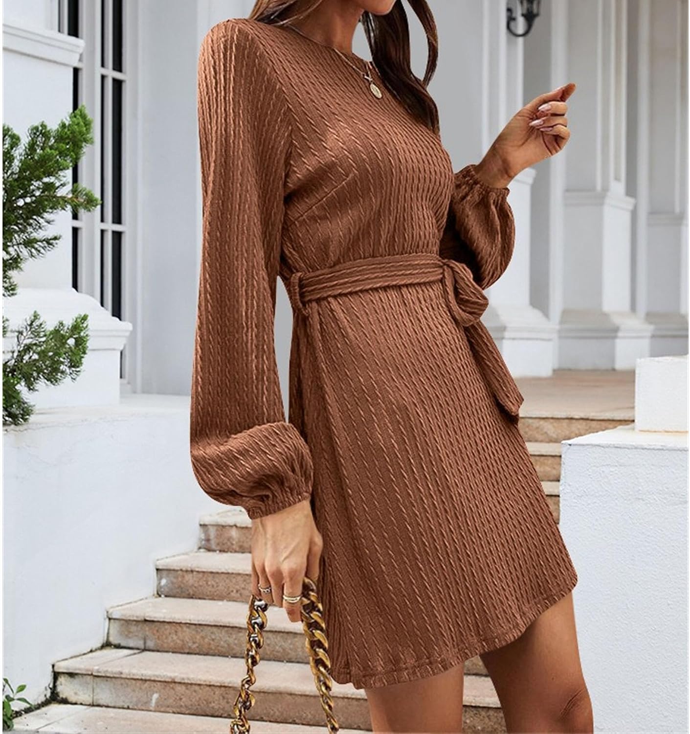 Women's Long Sleeve Crew Neck T Shirt Dress Pencil Dress Casual Wrap Tie Waist Ruched Bodycon Mini Dresses with Belt