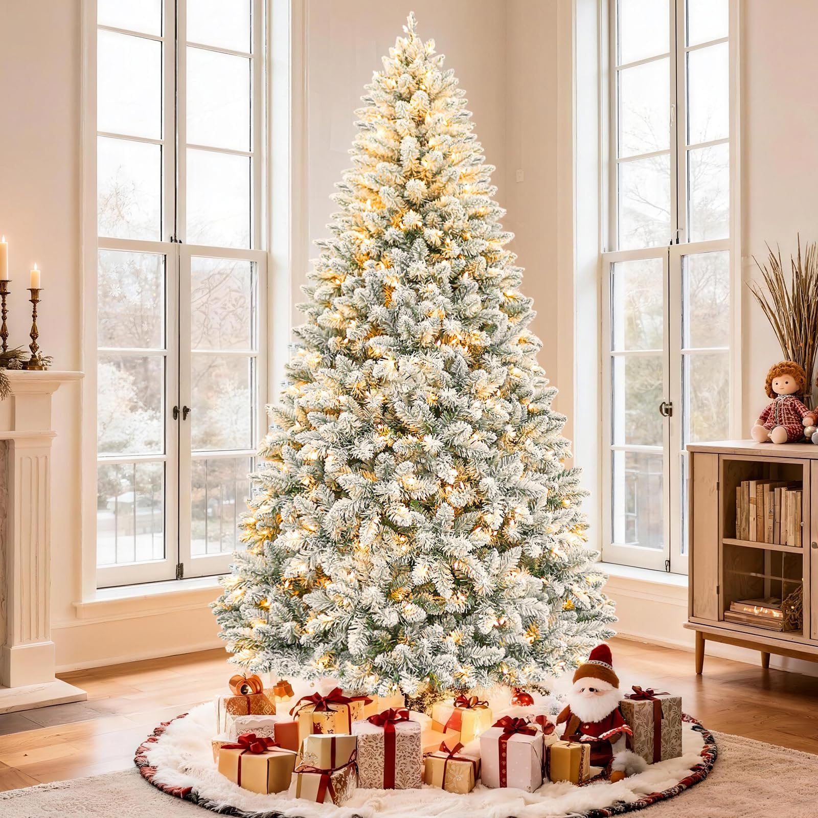 Hykolity 7.5 ft Snow Flocked Christmas Tree, 1446 Tips Artificial Christmas Tree with 450 Warm White Lights, Metal Stand and Hinged Branches