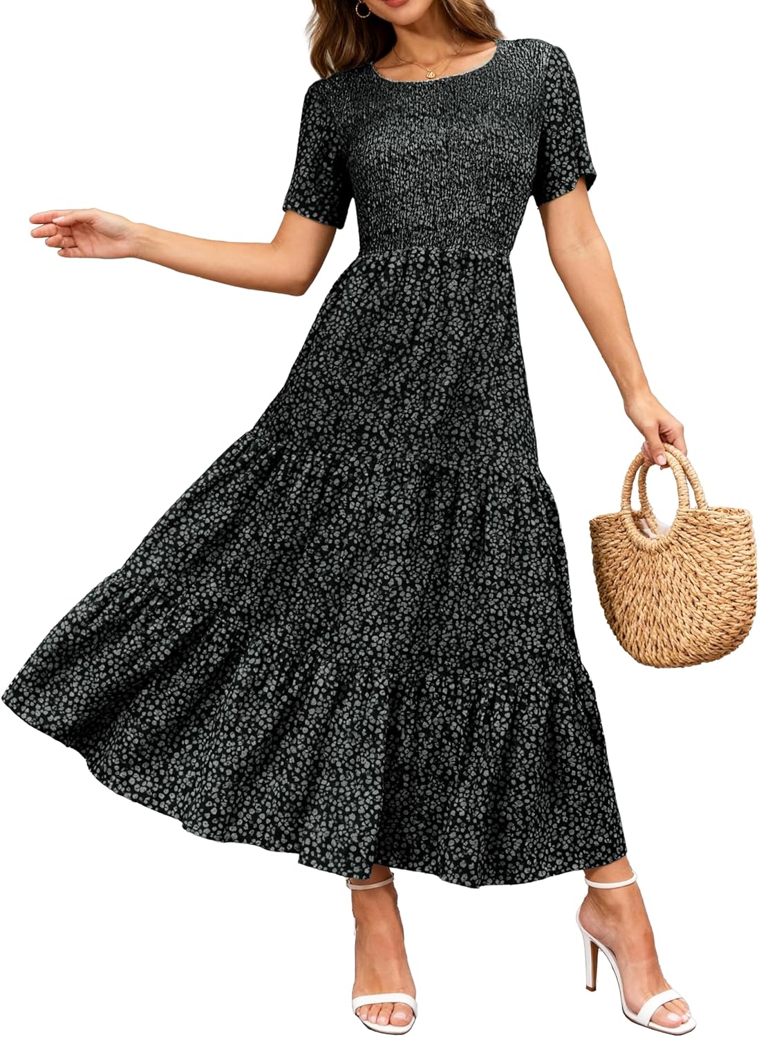 BTFBM Women Casual Short Sleeve Crew Neck Summer Dress Bohemian Floral Printed Flowy Maxi Dresses Tiered Cocktail Dress (Black, XX-Large)