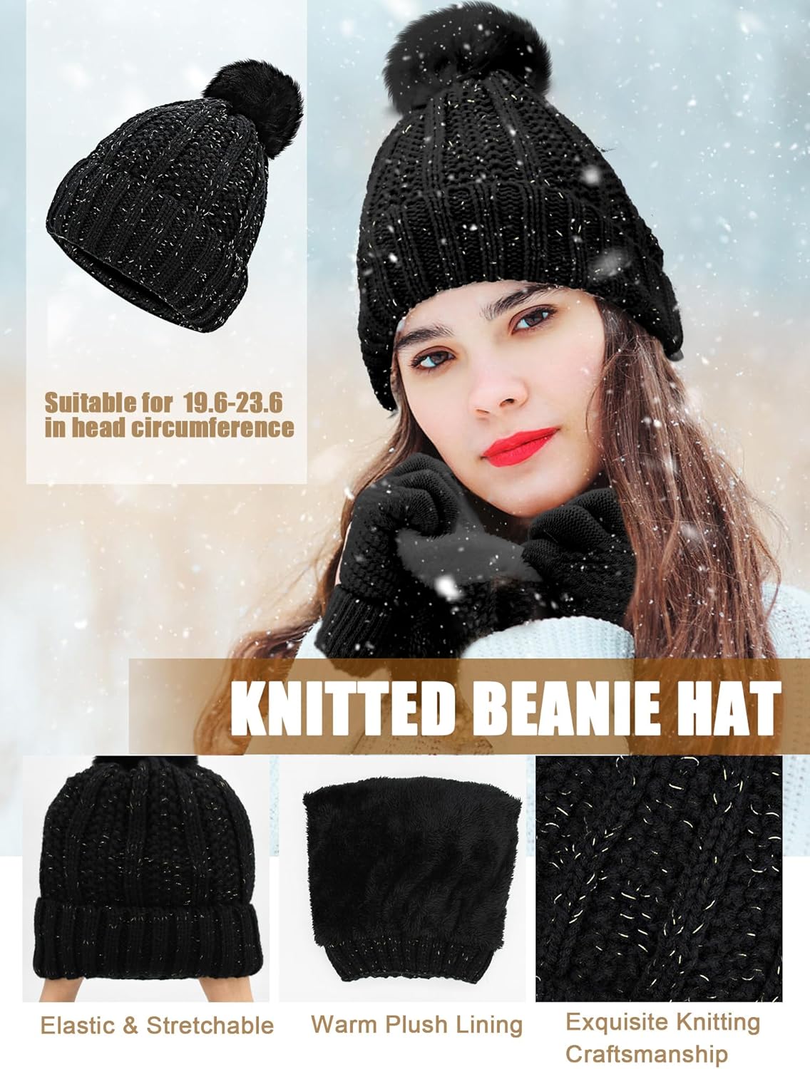 5 Pcs Womens Hat Scarf Gloves Set Winter Fleece Ear Muffs Warm Socks Outdoor Touch Screen Gloves Beanie Skull Cap - Image 3