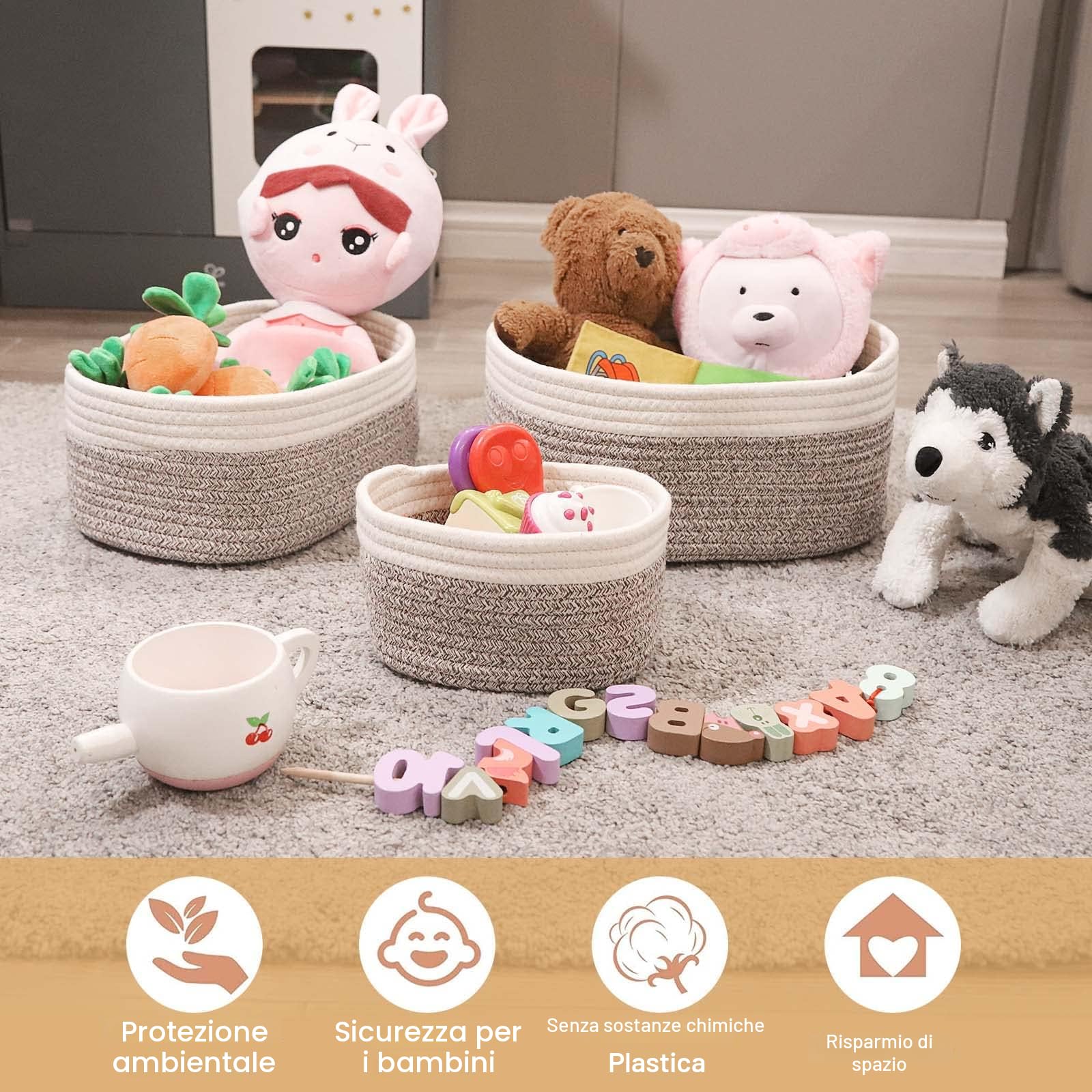 Cesto portaoggetti intrecciato in corda di cotone set da 4 pezzi per bagno fasciatoio organizer