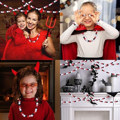 Miniatura 6 de Whaline Juego de 150 cuentas de madera de Halloween, cuentas focales de madera rojas, negras y blancas, cuentas de madera con salpicaduras de