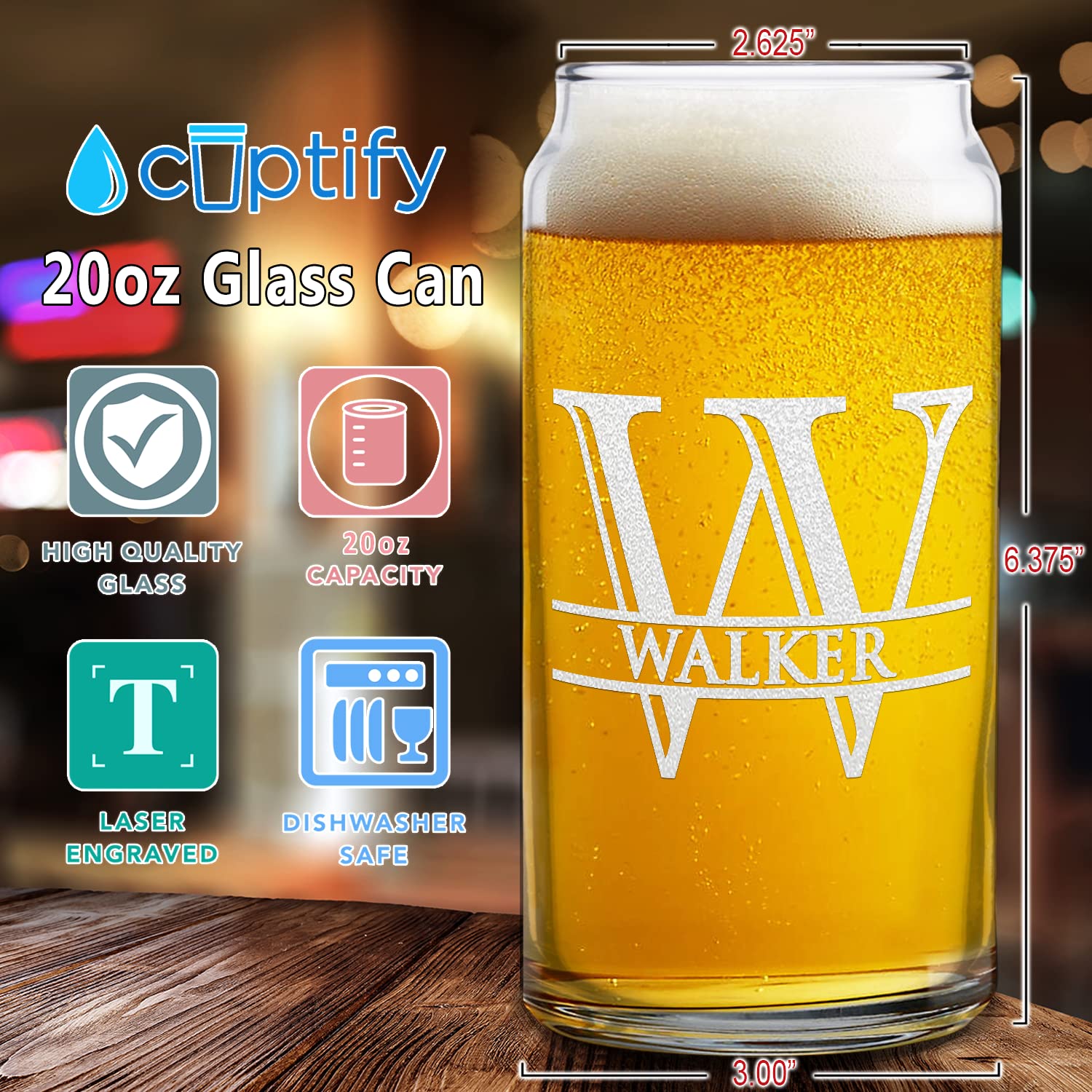 Personalized Beer Can Glass Split Script Monogram Initial and Name Laser Engraved 20 oz Can Drinking Glasses Customized Mug Birthday Gift for Men and Women