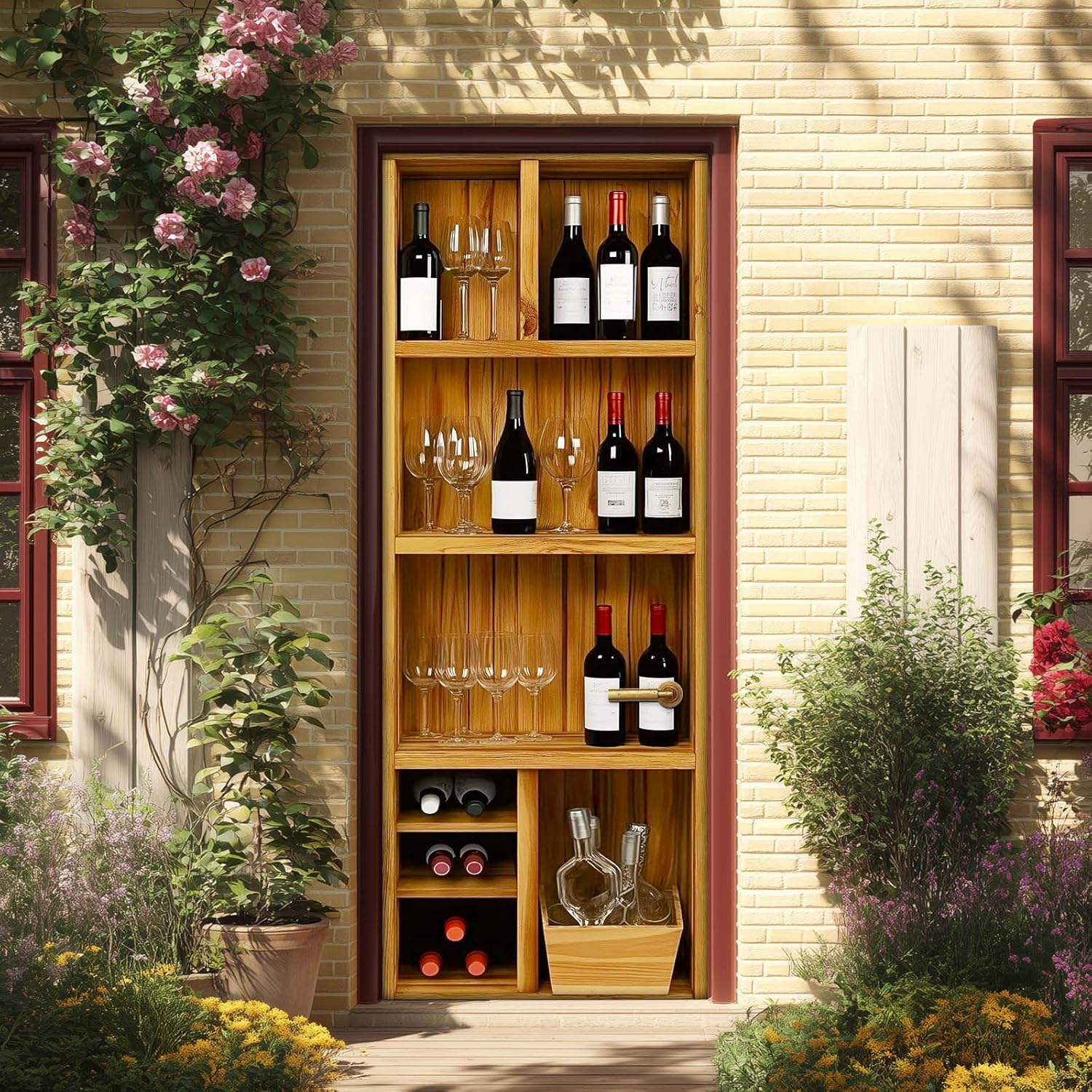 HOMETITUTE Door Stickers Decals Door Murals Peel and Stick Removable Decorative Vinyl Wallpaper Waterproof Self Adhesive Wall Covers Poster Wooden Wine Rack Wine Bottles 30.3" W x 78.7" H