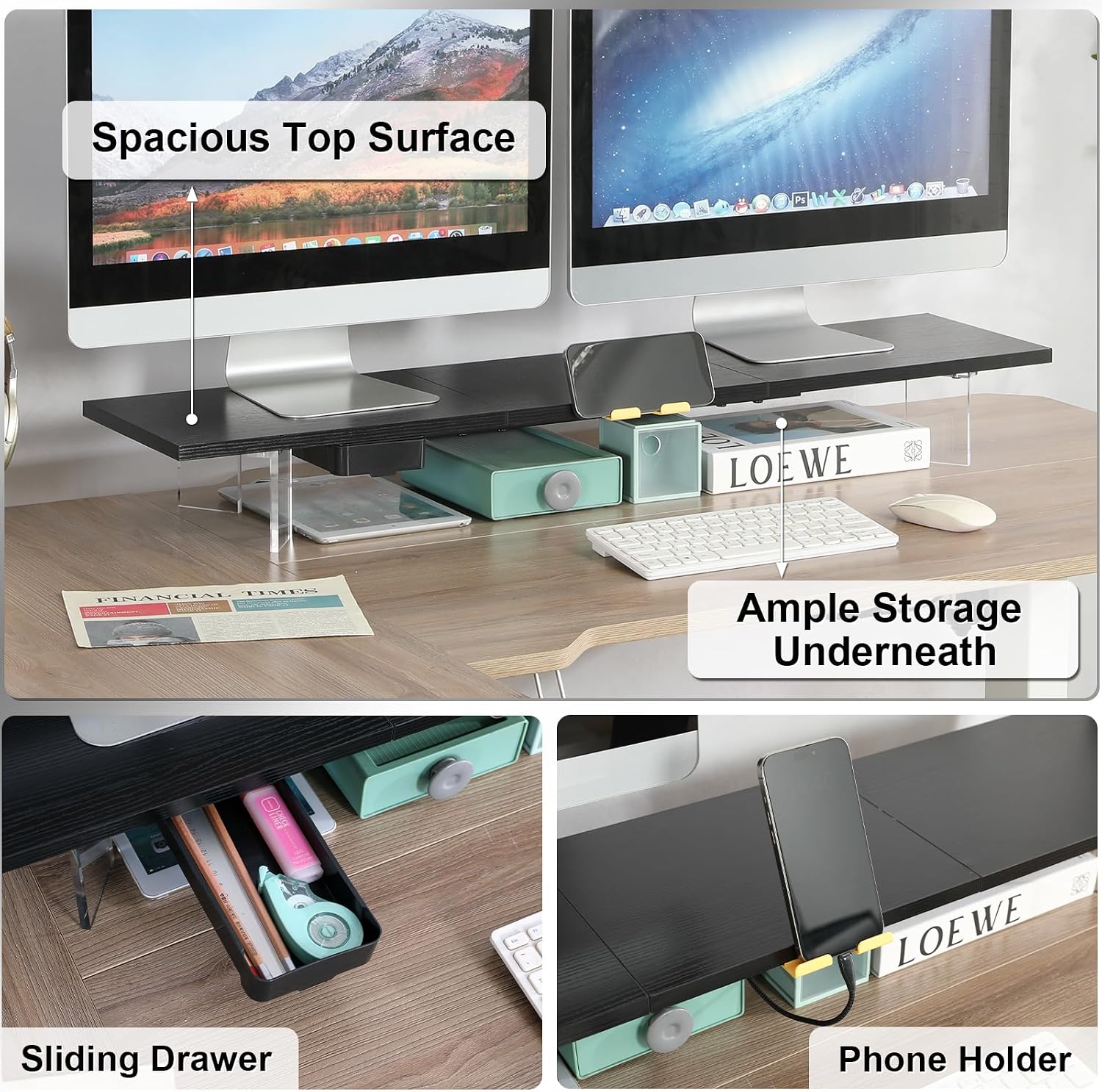 TEAMIX 39.4 inch Dual Monitor Stand with Acrylic Leg, Drawer & Phone Holder 3 81HddmL5DuL. AC SL1500