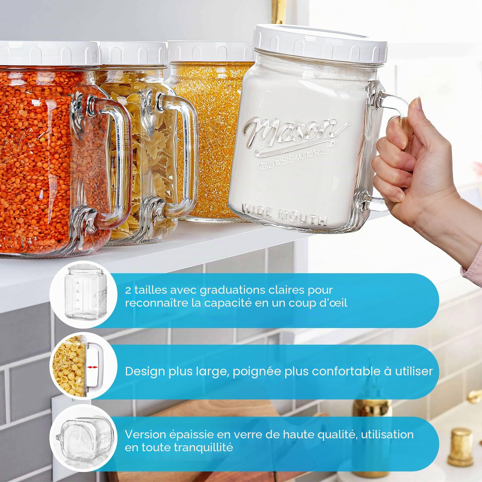 Absovetu Lot de 2 bocaux de conservation carrés avec couvercle hermétique - 2 l - Bouteilles en verre avec poignée - Mason Jars