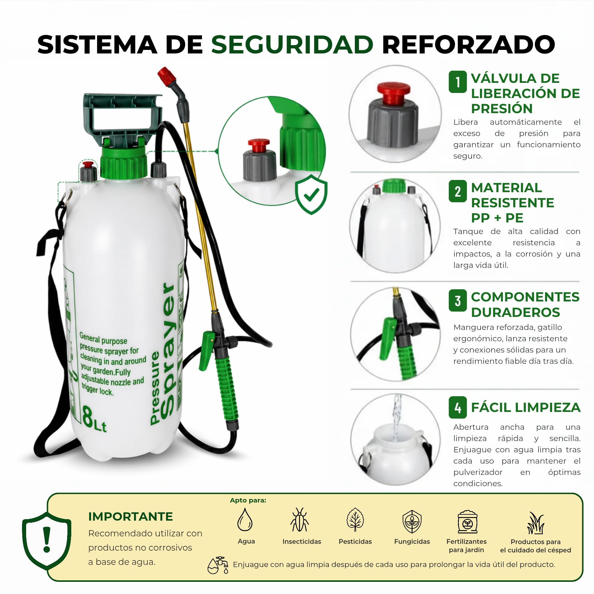 Pulverizador a presion de Agua 8L para Plantas JAMAX – Botella Pulverizadora Presión Manual, Ideal para Jabón Potásico, Herbicida y Cuidado de Jardín | Sulfatadora Manual (8 litros)
