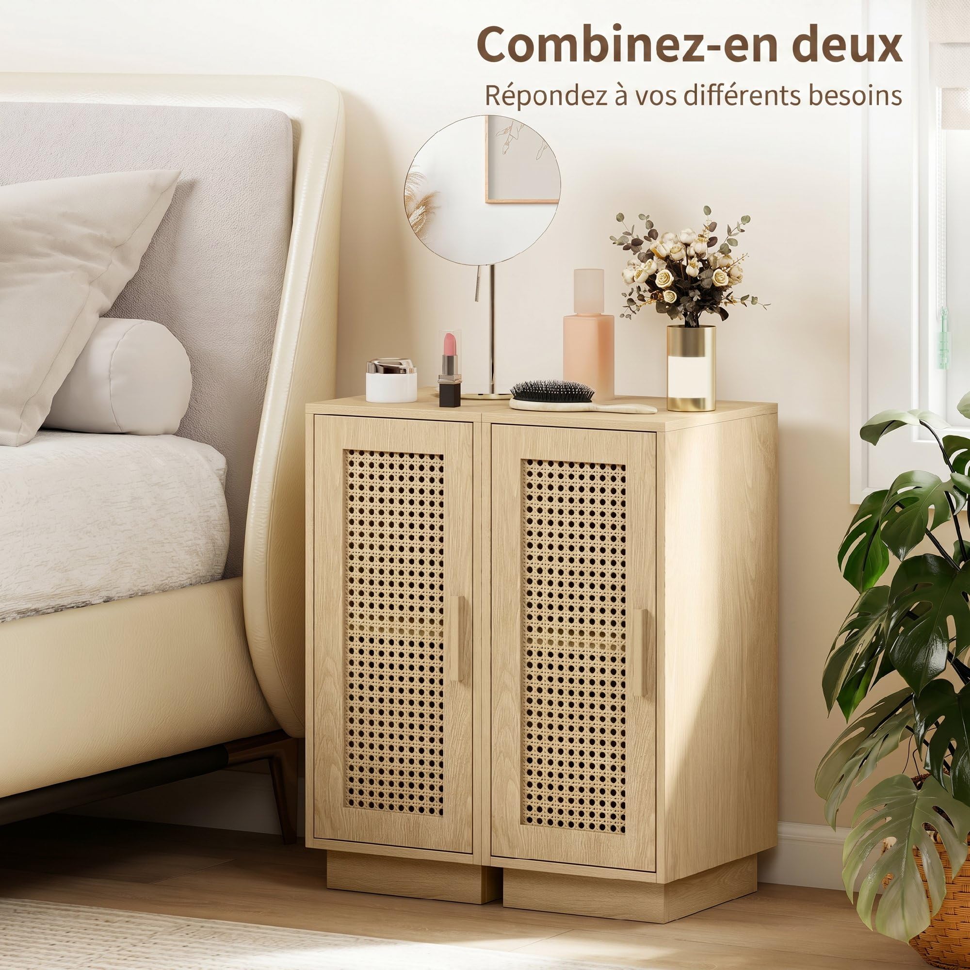 HOMCOM Lot de 2 Tables de Chevet, Tables de Nuit, Bois Naturel | Étagère Réglable, Porte en Résine Tressée, Style Bohème, Chambre à Coucher, Salon