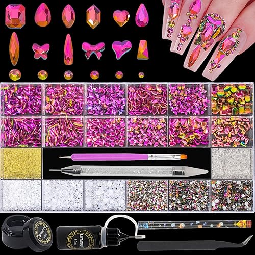 Miniatura 23 de Rhinestones Kit 9080Pcs Champagne Crystal Multi-Shape Flatback for Nail Decoration - Hearts Mix Size, Metal Beads, Pearl Gold Silver With Glue Gel