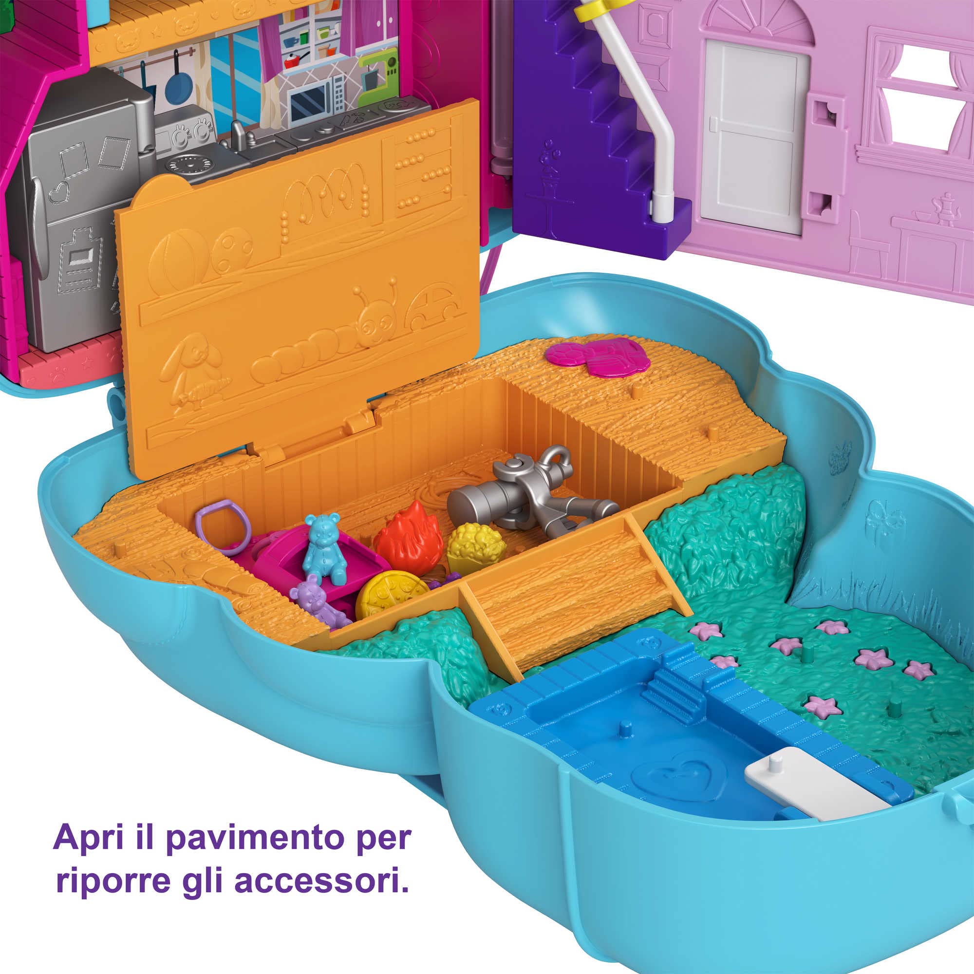 Polly Pocket Teddy Bear Purse - PlaySet con 2 Mini Bambole - Tema Pigiama Party - 16 Accessori - Area Piscina - Regalo per Bambini dai 4 Anni, HGC39