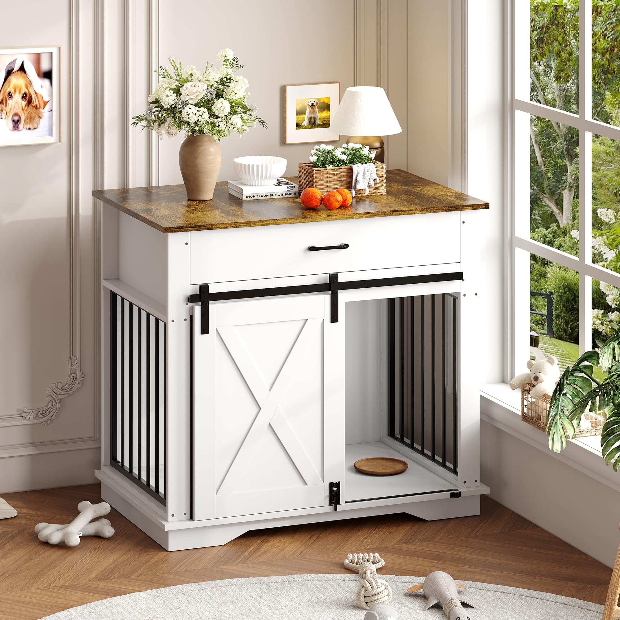 GarveeHome Modern Farmhouse Wooden Dog Crate Furniture, Double Doors, Dual Drawer Storage, Side Table, White Indoor Kennel for Small to Medium Dogs, Easy Assembly