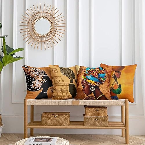 Miniatura 2 de Juego de 4 fundas de cojín cuadradas con patrón de ilustración de mujer africana, paquete de 4 fundas de almohada color negro safari, funda de