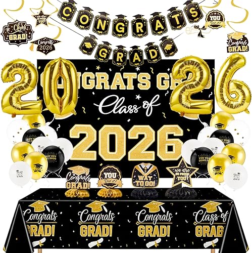 Avxdbr Graduation Decorations 2026 Set Black Gold with Congrats Grad Banner Back