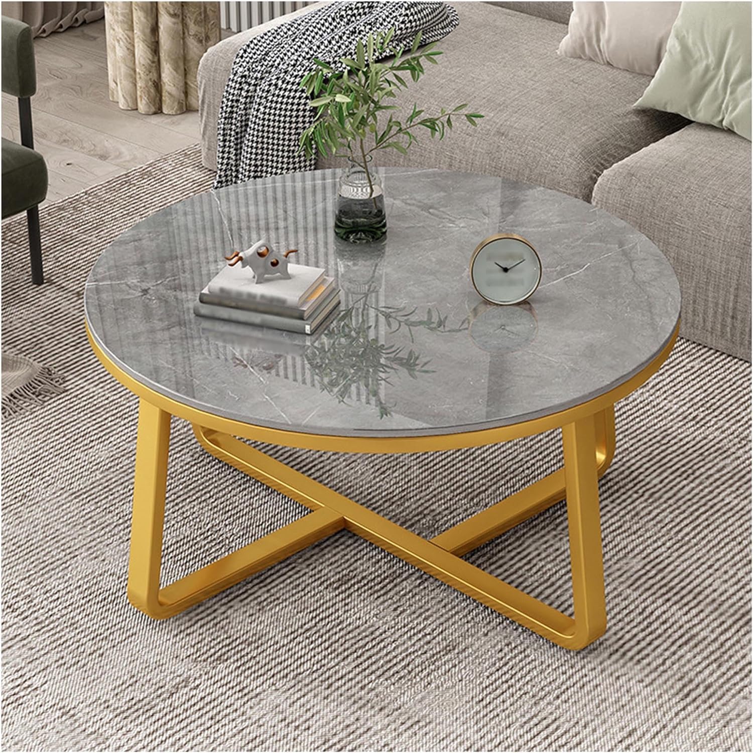 Modern Round Coffee Table with Faux Marble Top and Gold Metal Frame – Stylish Contemporary Center Table for Living Room, Small Space Accent Cocktail Table for Apartment (Gold & Grey)-image-8