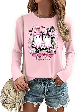 Breast Cancer Shirts for Women Breast Cancer Awareness T-Shirt Pink Ribbon Long Sleeve Tee Tops