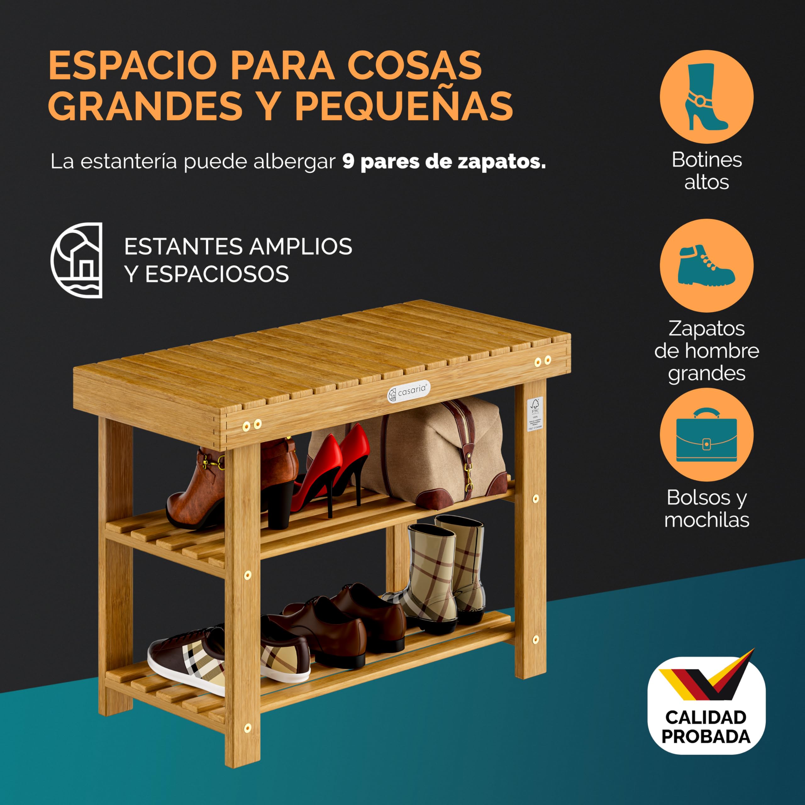 CASARIA® Banco Zapatero Estantería Zapatos 2 Estantes 70x33x46cm 160Kg Certificado FSC® Baño Sala Pasillo Entrada