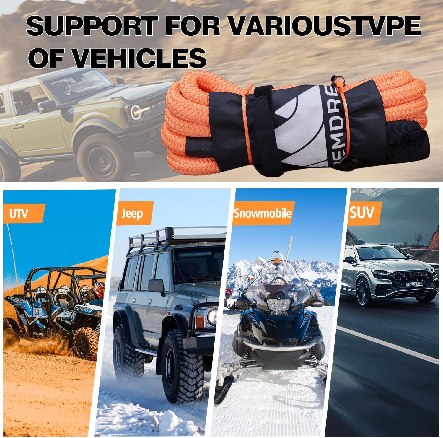 Heavy Duty 3/4'' x 20ft Kinetic Recovery Rope, 18,500 lbs Breaking Strength, Stretchable Nylon Off Road Tow Ropes for Trucks, SUV, Jeep, UTV & ATV, Tangerine