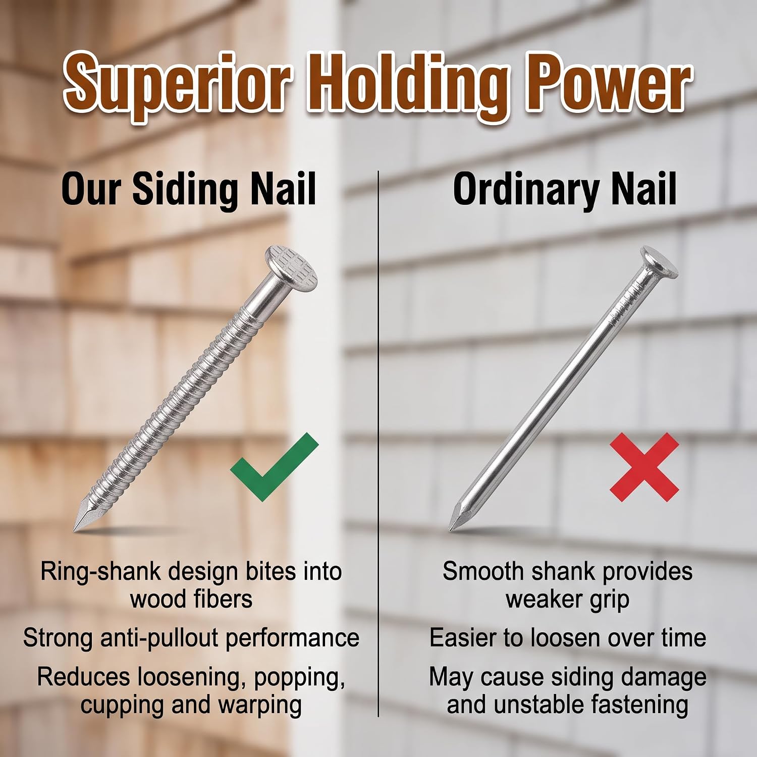 Ring-Shank Wood Siding Nails - 1-1/4” x 0.083” 14 Gauge 1LB 500PCS