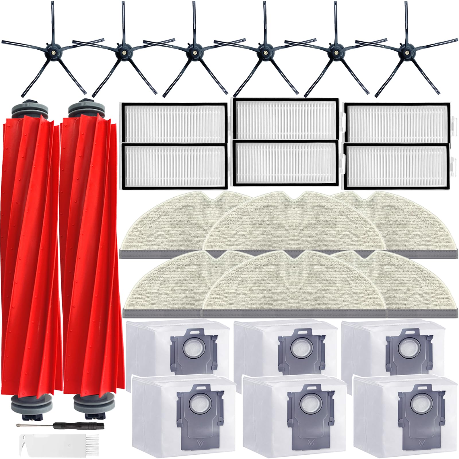 Eifrthe Q7 Replacement Parts Compatible with Roborock Q7 Q7+ Q7 Max Q7 Max+ Robot Vacuum Cleaner,2 Main Brush, 6 Mop Cloth Pads, 6 Side Brushes, 6 HEPA Filters,6 Dust Bag