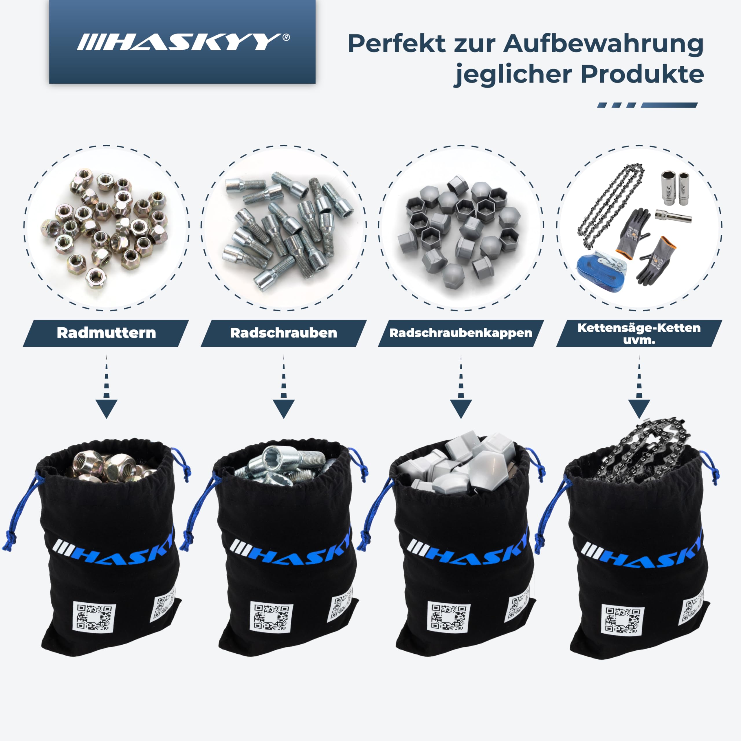 HASKYY Radschraubenbeutel Säckchen 100% Baumwolle 200x145mm für Radmuttern, Radschrauben, Radschraubenkappen, Kettensäge-Ketten UVM. Baumarkt