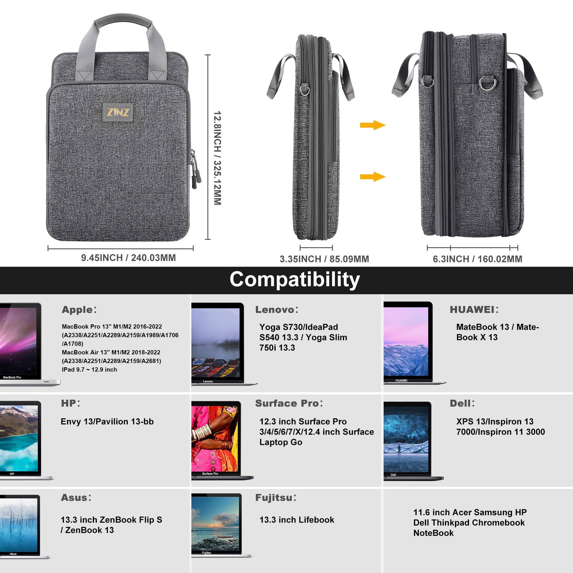 ZINZ Laptop Schultertasche 12,3-13 Zoll Hülle, Erweiterbare Handtasche mit Wertsachenfach, Kompatibel mit MacBook Neo/Air/Pro 13", iPad 12,9"/13"/11", Wasserabweisend & Stoßfest，Grau
