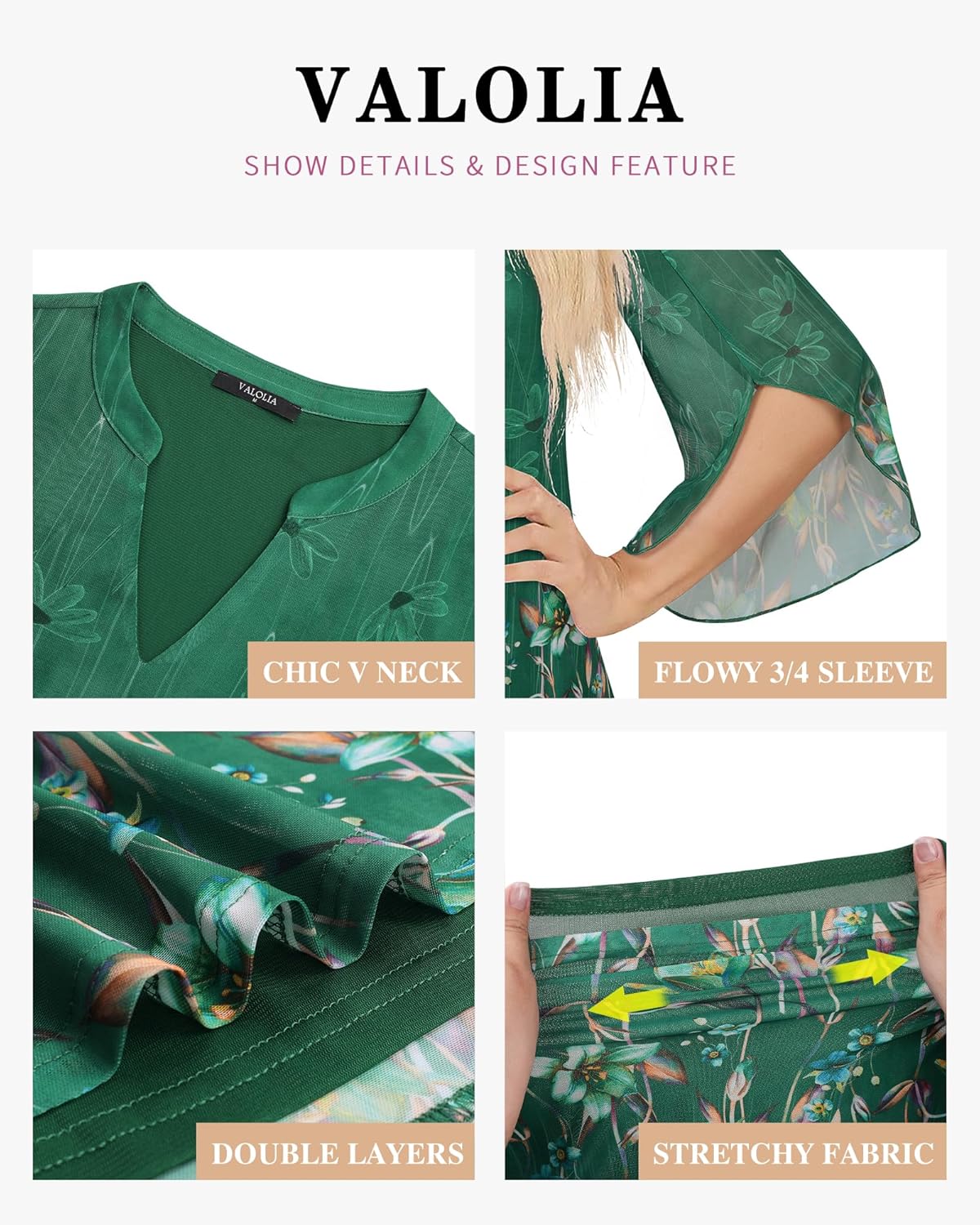 VALOLIA Women's 3/4 Sleeve Floral Tunic Tops V Neck Double Layers Loose Fit Mesh Blouses Shirt - Image 5