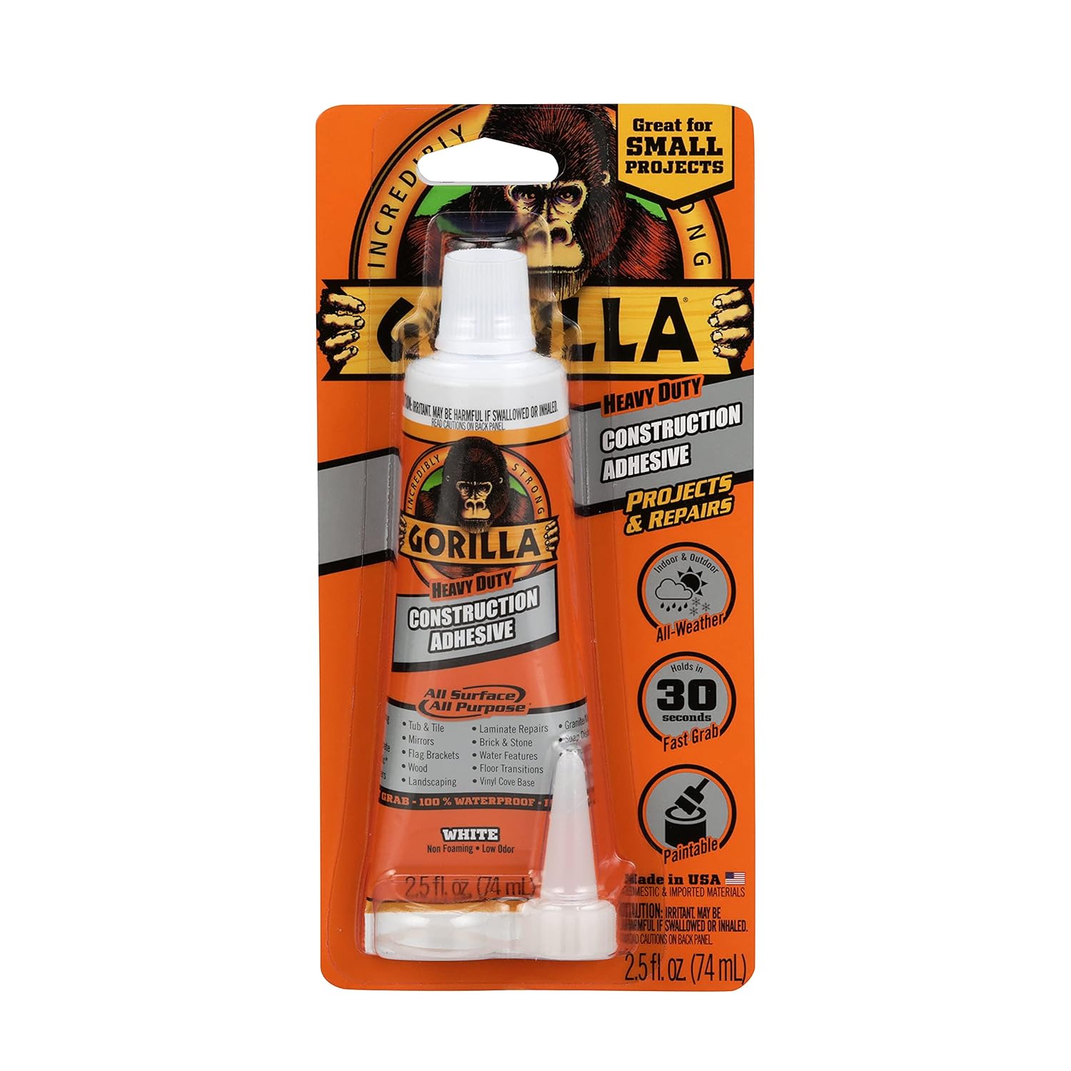 Gorilla Heavy Duty Construction Adhesive, White Glue, 2.5 Ounce Squeeze Tube (Pack of 5) - Gap Filling and Waterproof