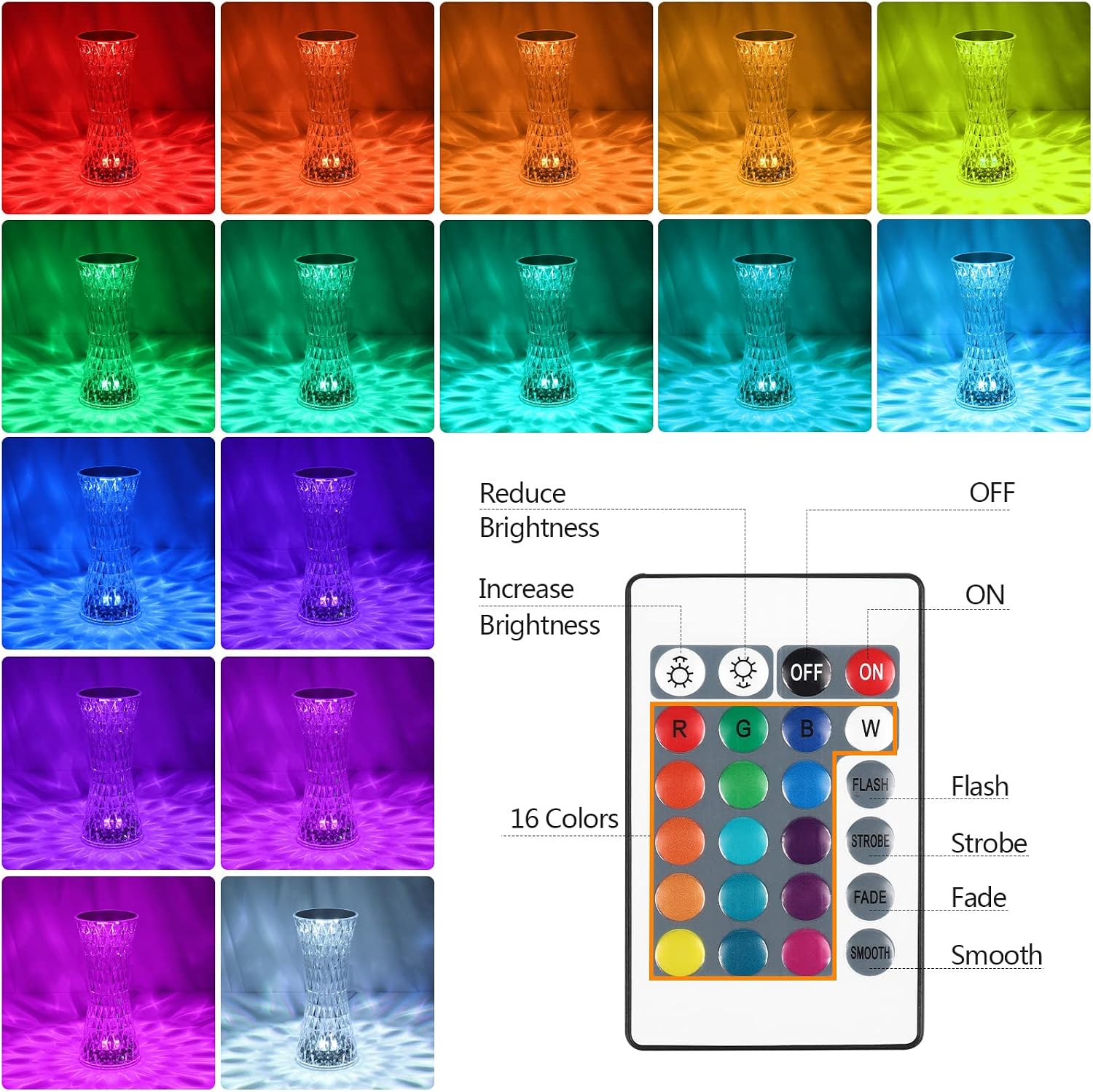 ZWOOS Touching Control Crystal Lamp, LED Diamond Table Lamp with 16 Colors, Rechargeable Mood Light with Remote Control (Peacock)