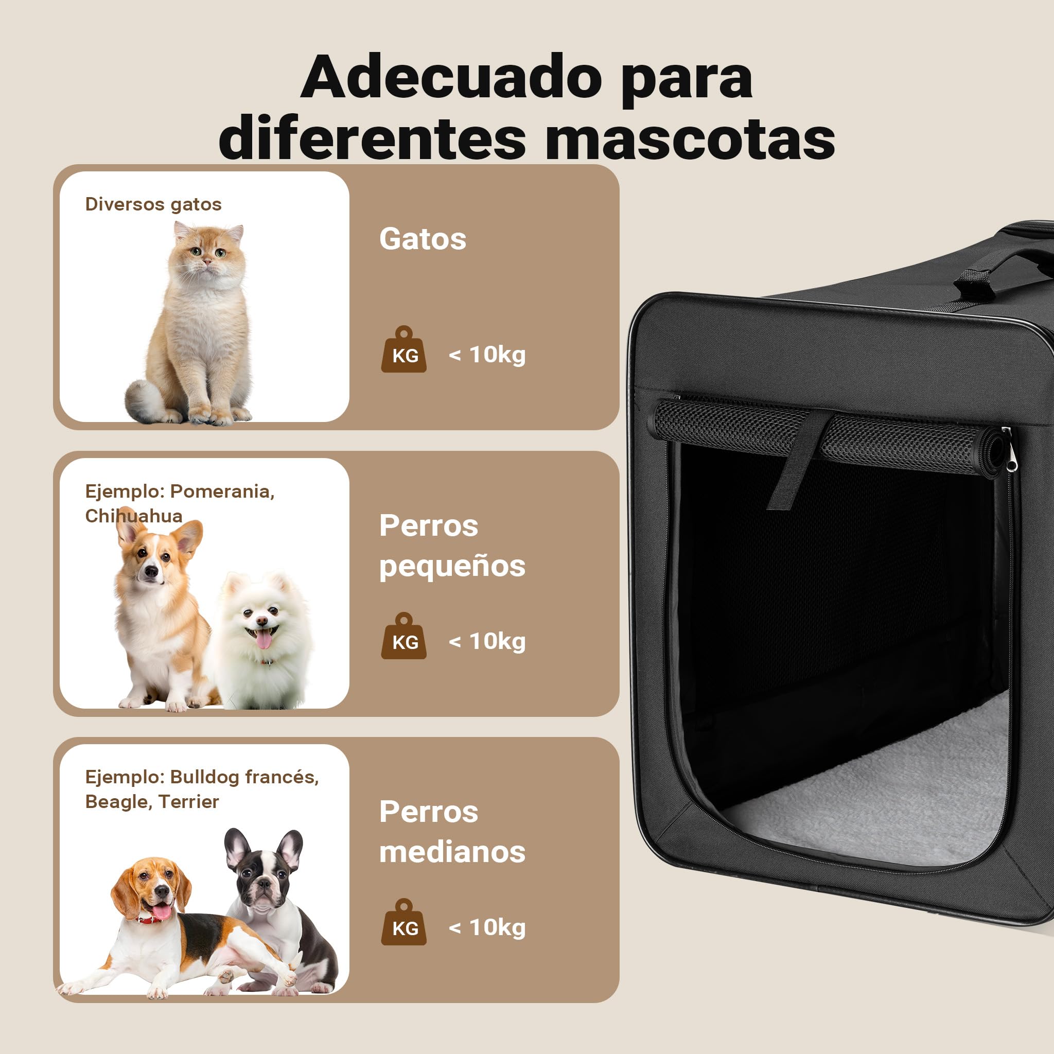 Wiltec Bolsa de Transporte Plegable Negra Mascotas Perro Gato, Talla M (58x46x53 cm), con cojín