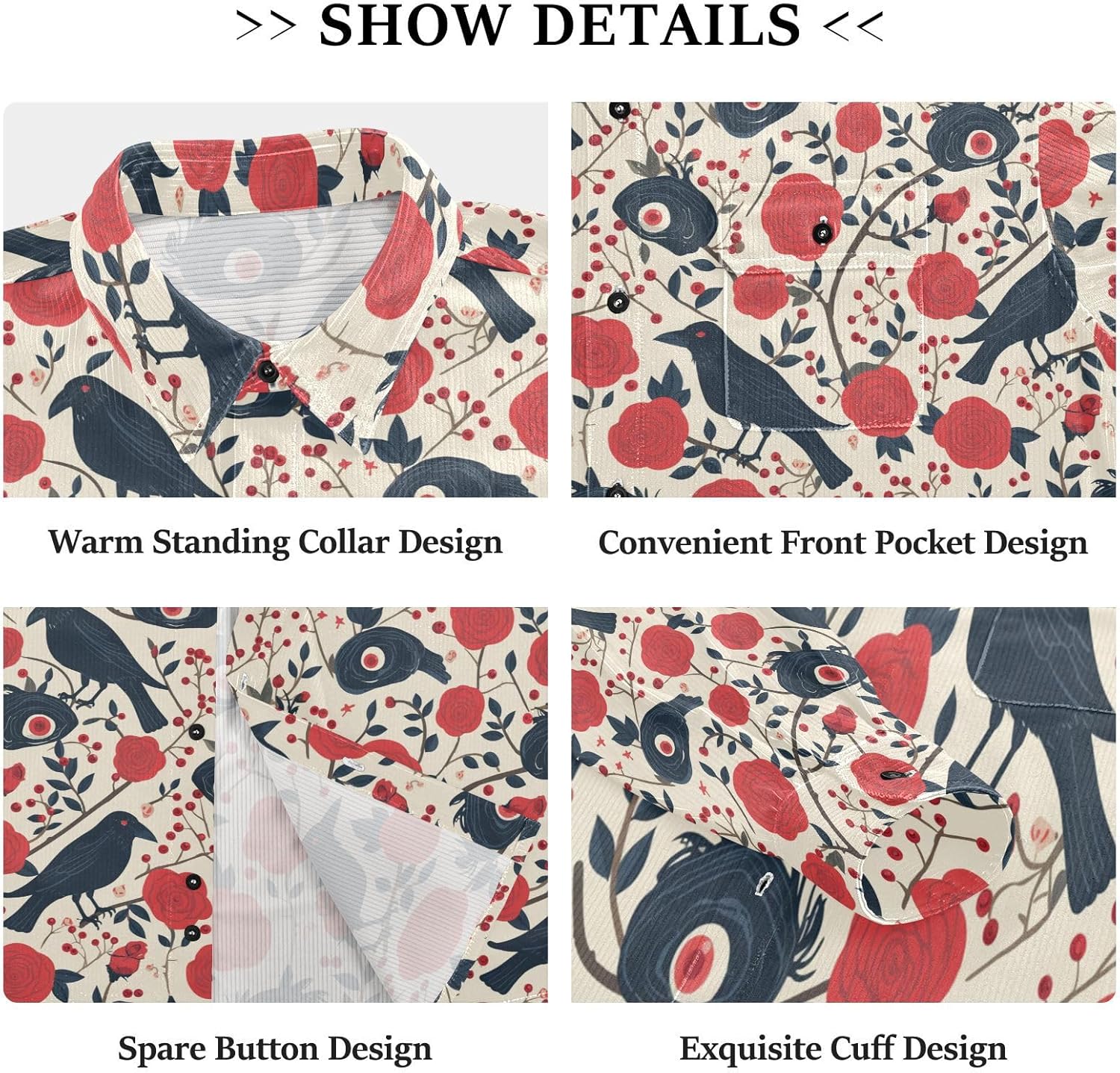 Red Roses with Eyeballs and Black Crows Mens Womens Cotton Rugby Shirts Formal Long Sleeve Business Work Tops