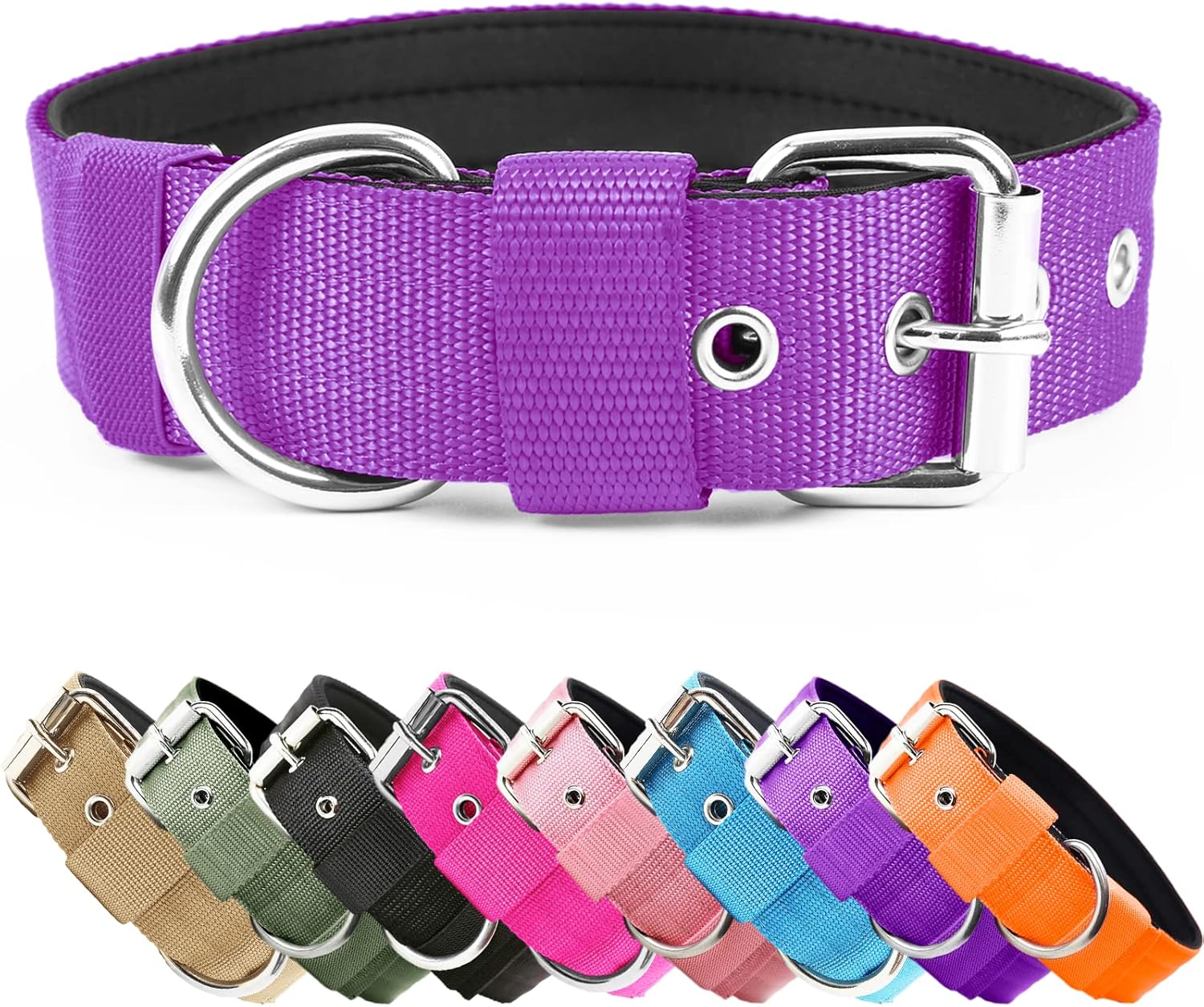 Collar táctico para perro 1.5" nailon acolchado hebilla metal ajustable talla L morado