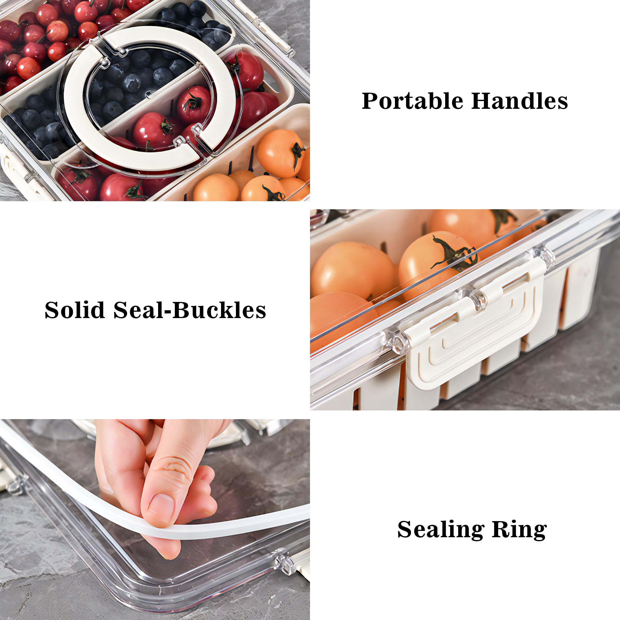 Paquete de 2 cajas divididas para aperitivos con tapas, bandeja apilable para servir alimentos para frutas y verduras, contenedor de almacenamiento de plástico para refrigerador de despensa, 4