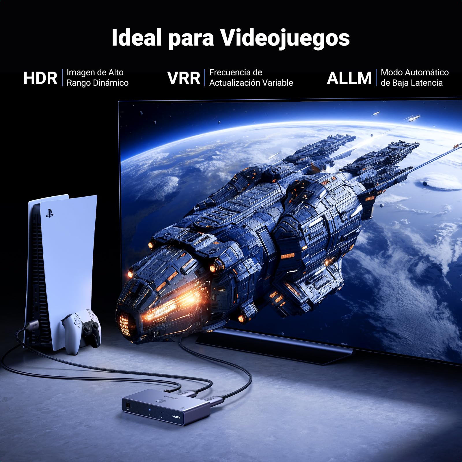 UGREEN Switch HDMI 2.1 8K 60Hz 4K 120Hz Switcher 3 Entradas a 1 Salida 1080P Dolby Vision Atmos HDR 3D Alta Velocidad 48Gbps Compatible con PC PS5 PS4 Xbox One 360 ​​DVD TV Box Proyector