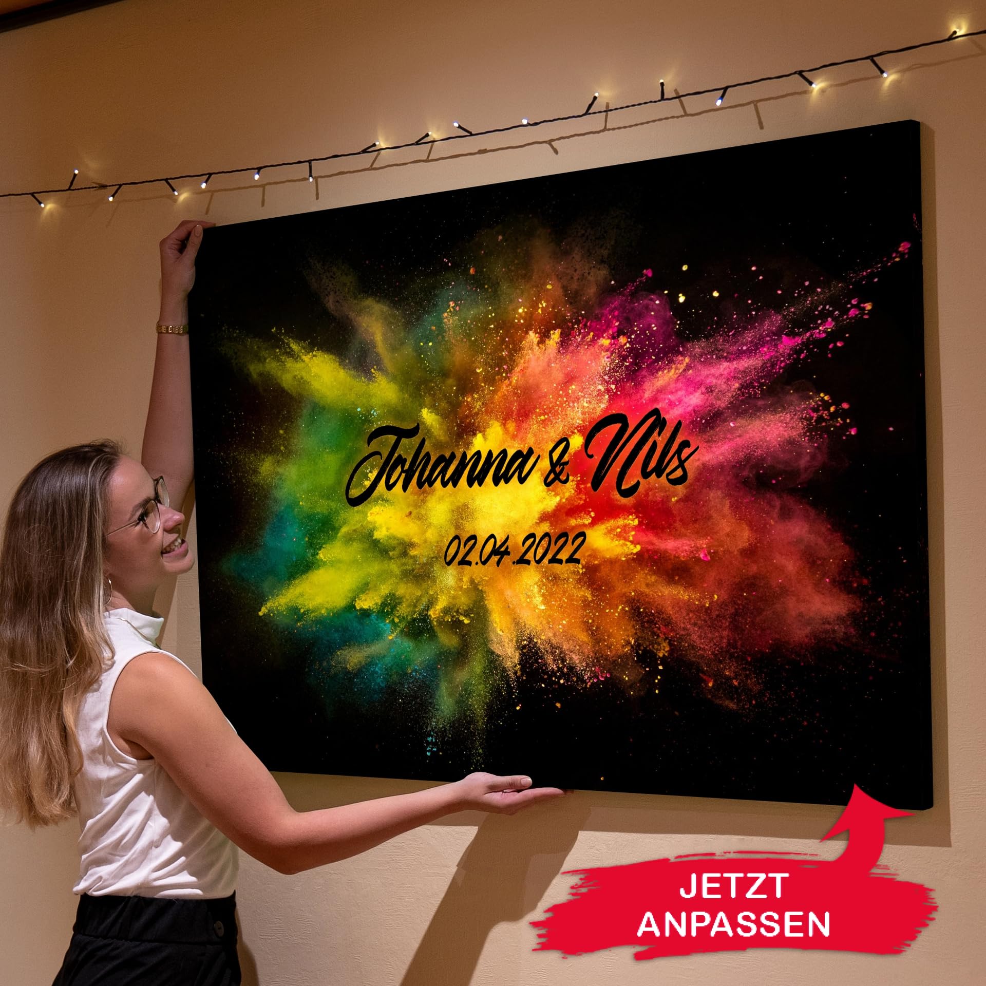 Liebesleinwand Leinwandbild personalisiert | Leinwand gestalten mit Namen und Datum Geschenk für Partner | Bunte Liebe