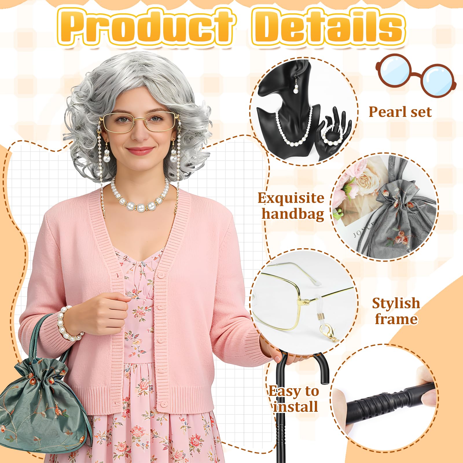 Kyndara 9pcs Old Lady Fancy Dress Kit for Women Granny Costume Accessory Set including Wig Pearl Necklace Bracelet Earrings Bag Glasses Walking Stick for Adult Christmas Halloween World Book Day Cosplay - Image 3