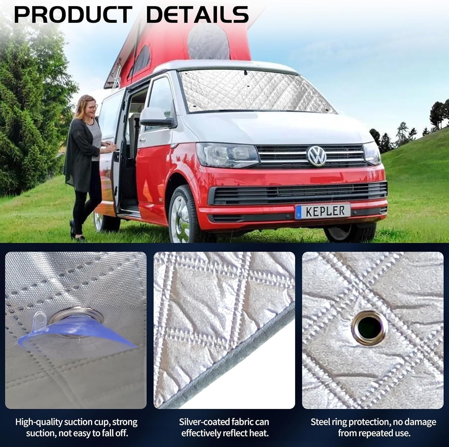 Interne Thermo-Jalousien-Set für VW T5, T6, LWB, Van, 8 Stück, Thermo-Windschutzscheibenabdeckung mit 40 Saugnäpfen, Wohnmobil-Fensterisolierung, Sonnenschutz, silberfarbene reflektierende