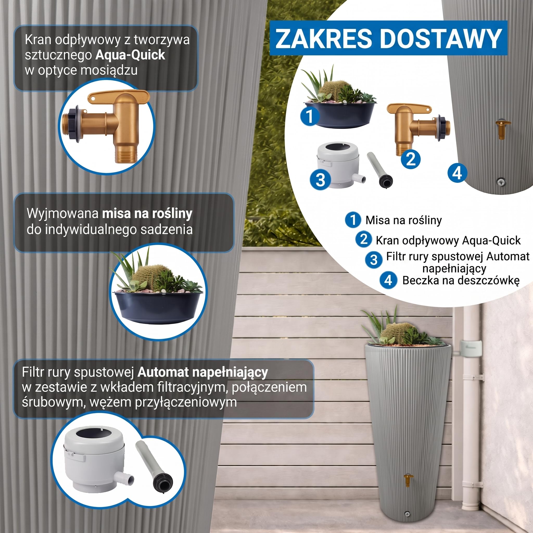 4rain VASO 2w1 DECOR zbiornik na deszczówkę 220 l, szary cynkowy | z kranem spustowym z tworzywa sztucznego i przyłączem do rury spustowej