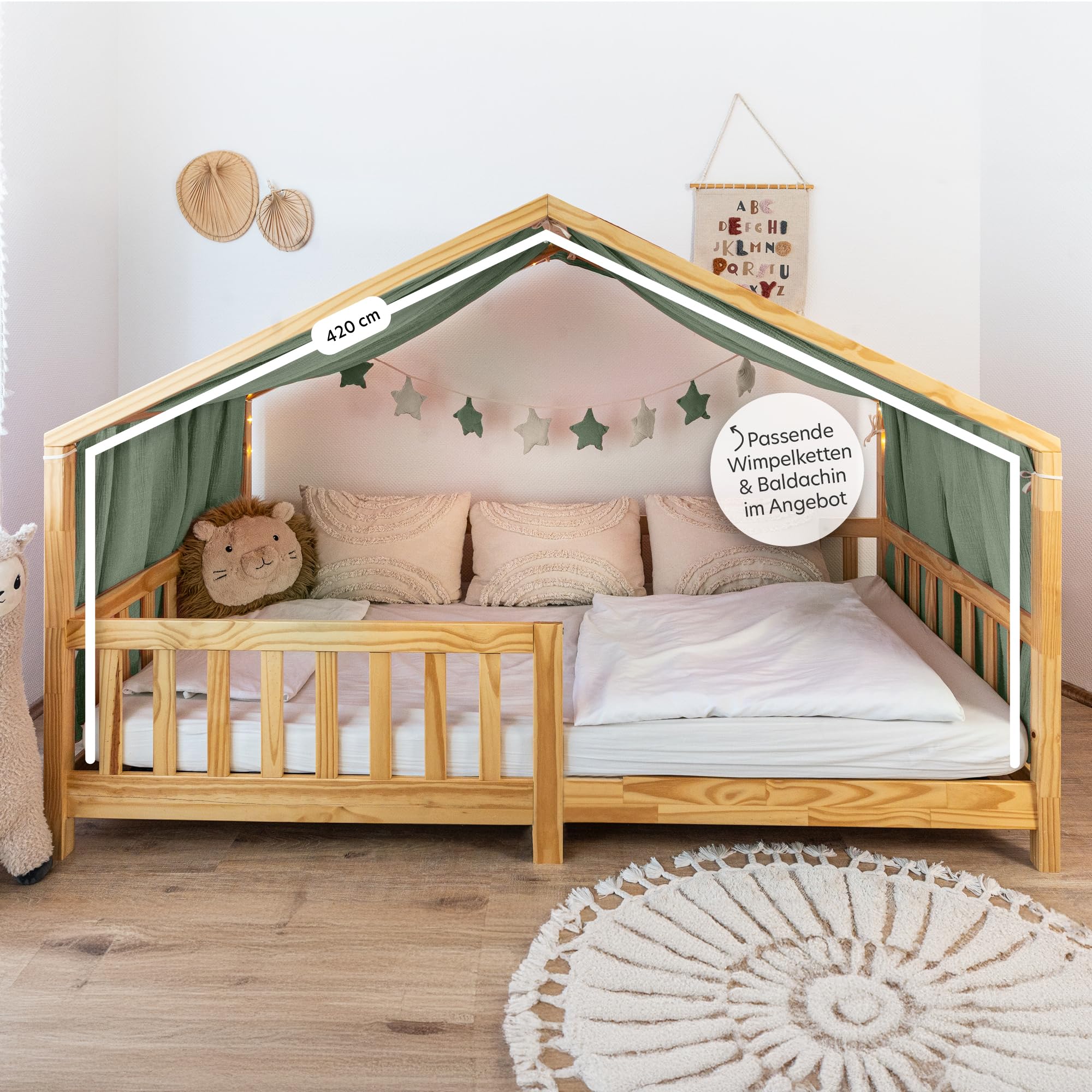 lilimaus Ciel de lit en mousseline 100 % coton fait à la main - Ciel de lit décoratif pour lit de maison fille et garçon - 100 x 200 cm - Eucalyptus