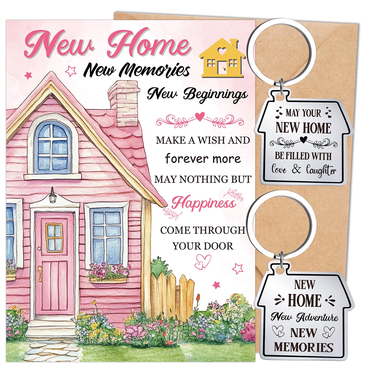 Eiapadeor New Home Gifts Housewarming - 3Pcs House Warming Gifts, New Home Memories Beginnings Card with Envelope Keyrings, Housewarming Present for Couples Neighbors Friends New House Owners